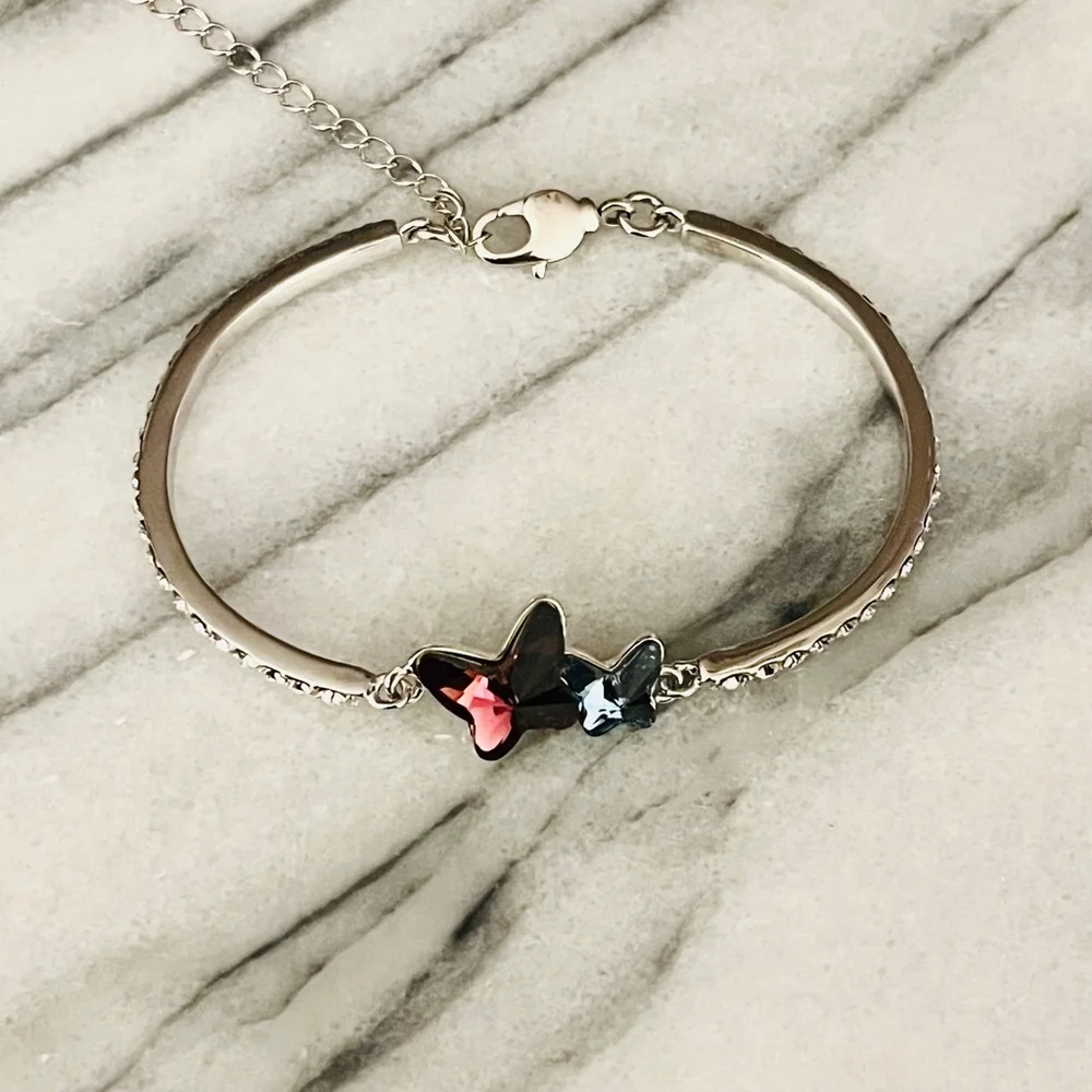 Crystal Butterfly Bracelet Blue Purple Pink Bangle Rhodium Plated Hypoallergenic